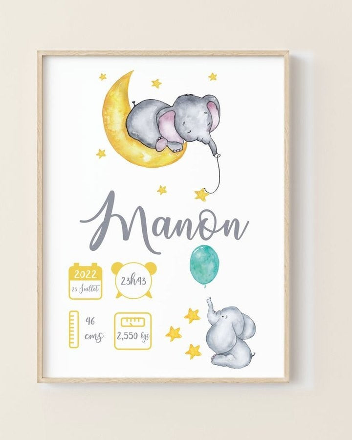 AFFICHE DE NAISSANCE PERSONNALISÉE "ÉLÉPHANT"