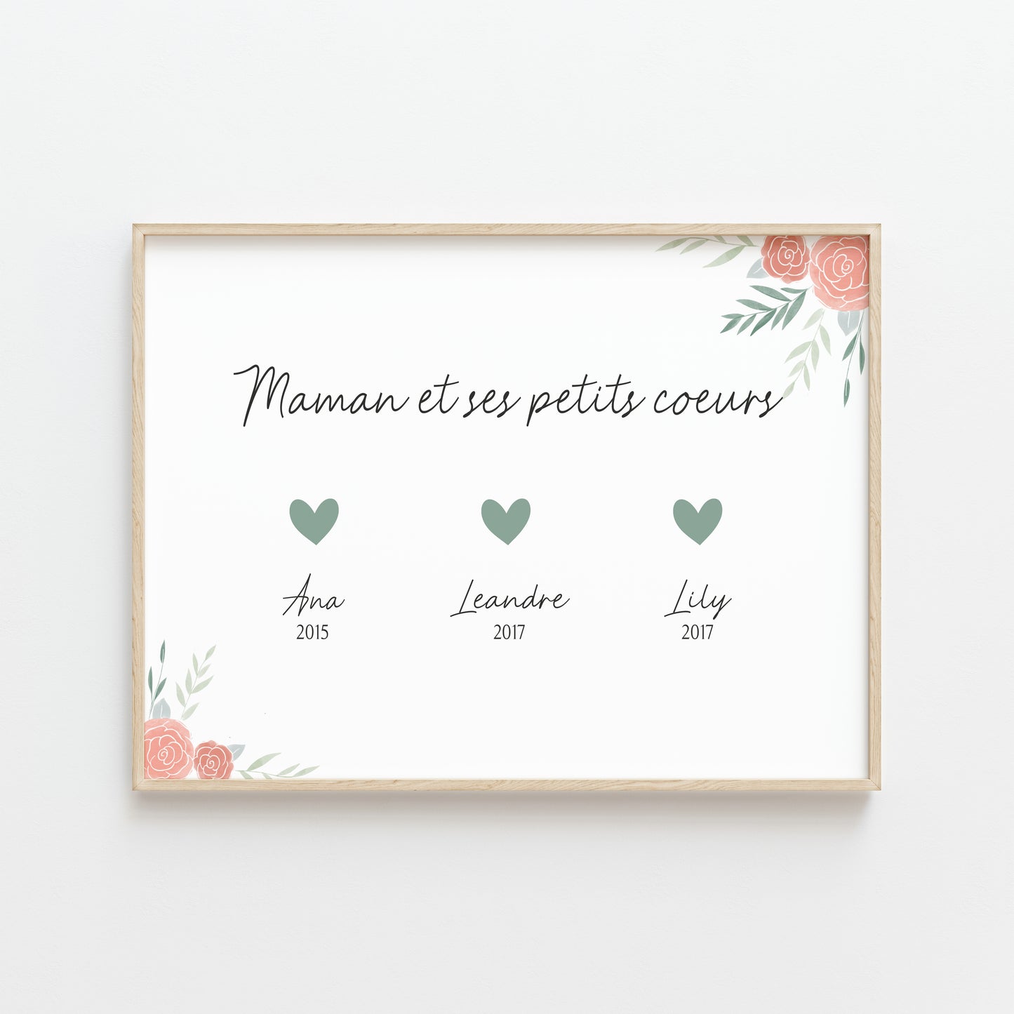 affiche maman personnalisee 3 prenoms coeurs dates naissance decoration florale rose vert