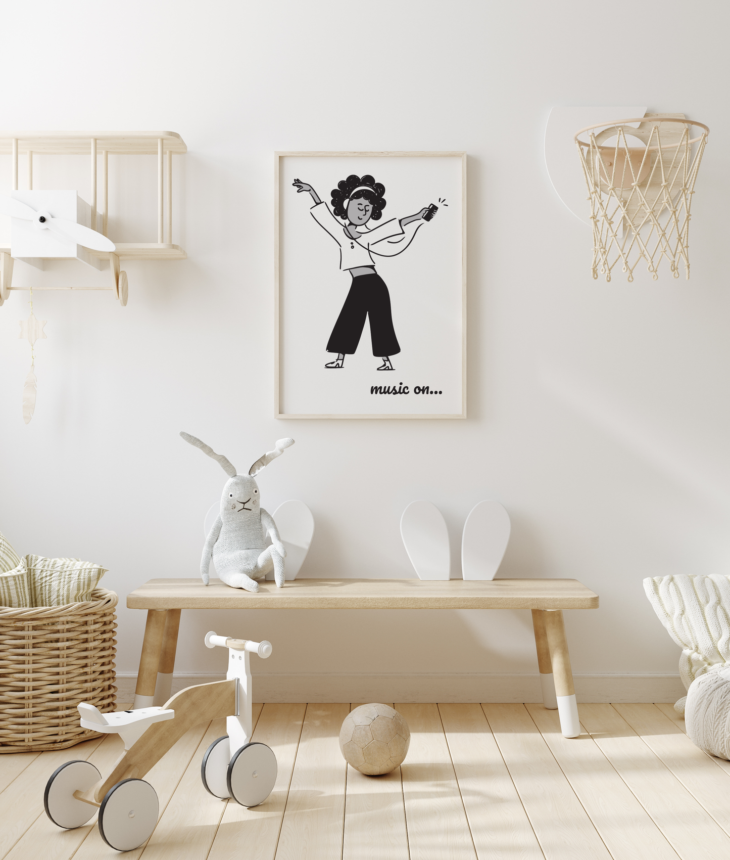 "Music On..." – Affiche Femme Dansante Minimaliste | Style Noir et Blanc
