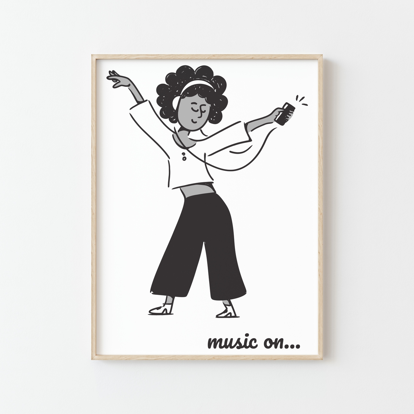 "Music On..." – Affiche Femme Dansante Minimaliste | Style Noir et Blanc