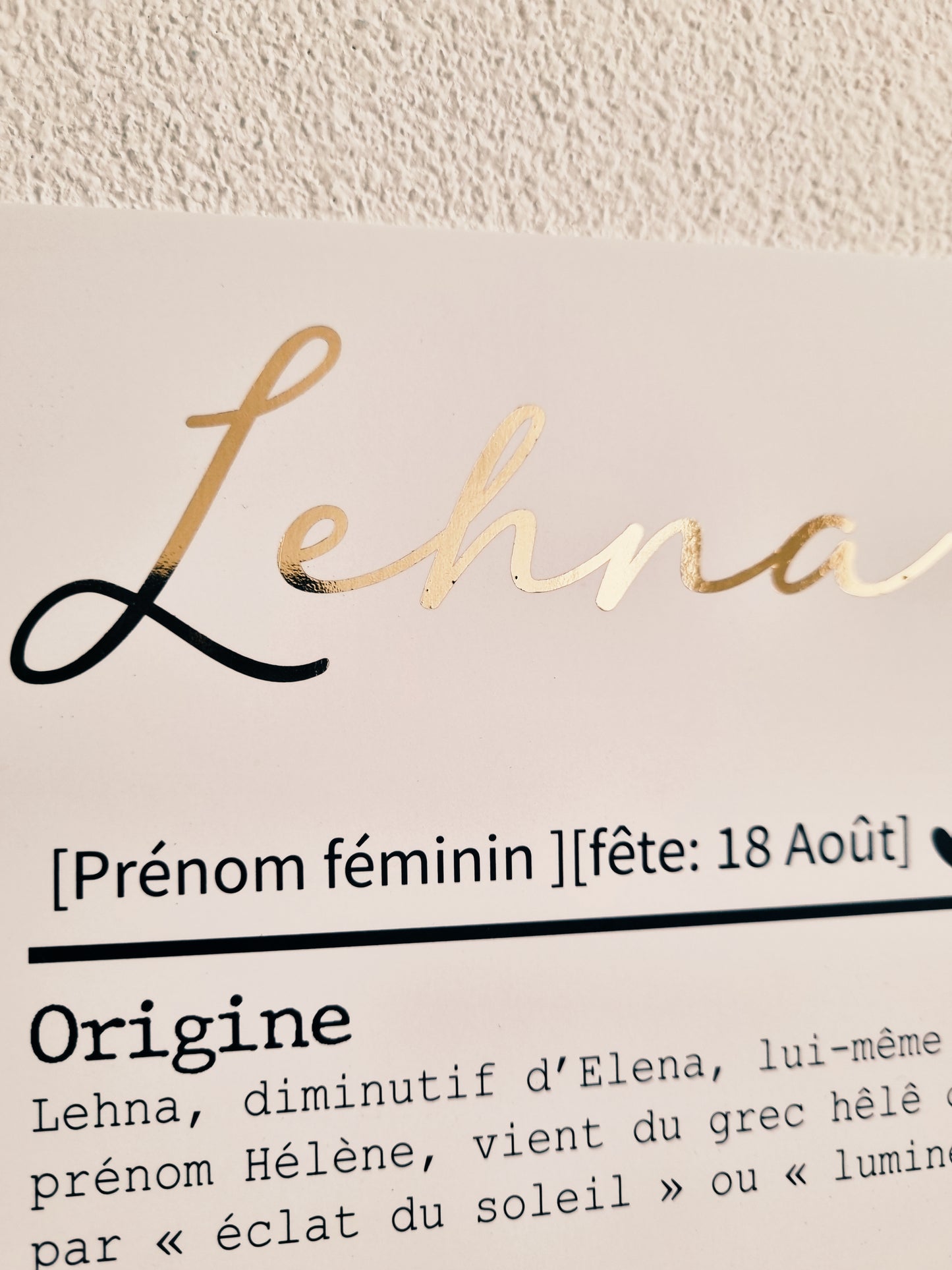 AFFICHE SIGNIFICATION PRENOM avec ou sans touche métallisée ( Rose Gold ou Doré )