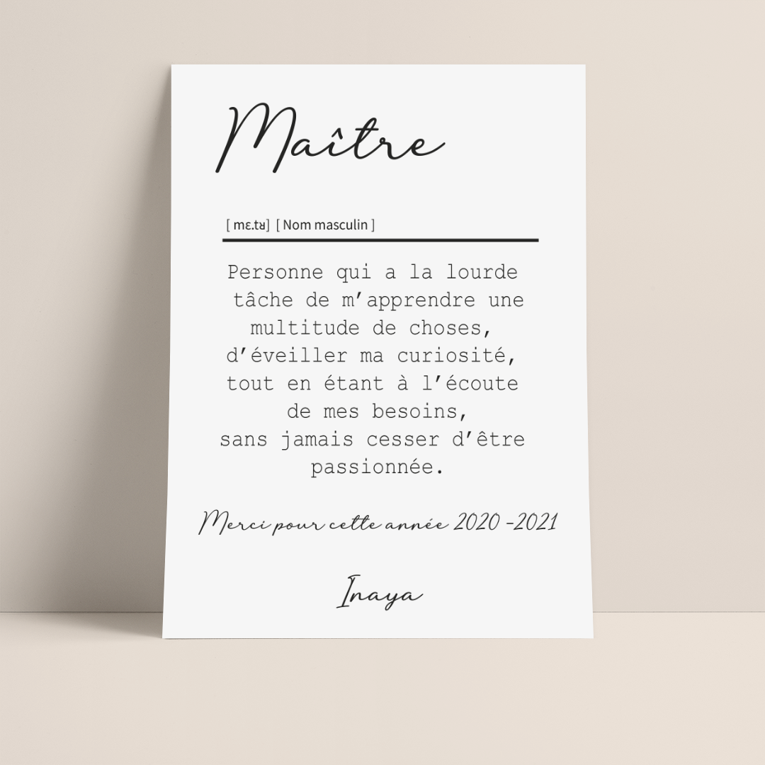 AFFICHE DÉFINITION MAÎTRE : LE CADEAU PARFAIT POUR LA FIN D'ANNÉE SCOLAIRE