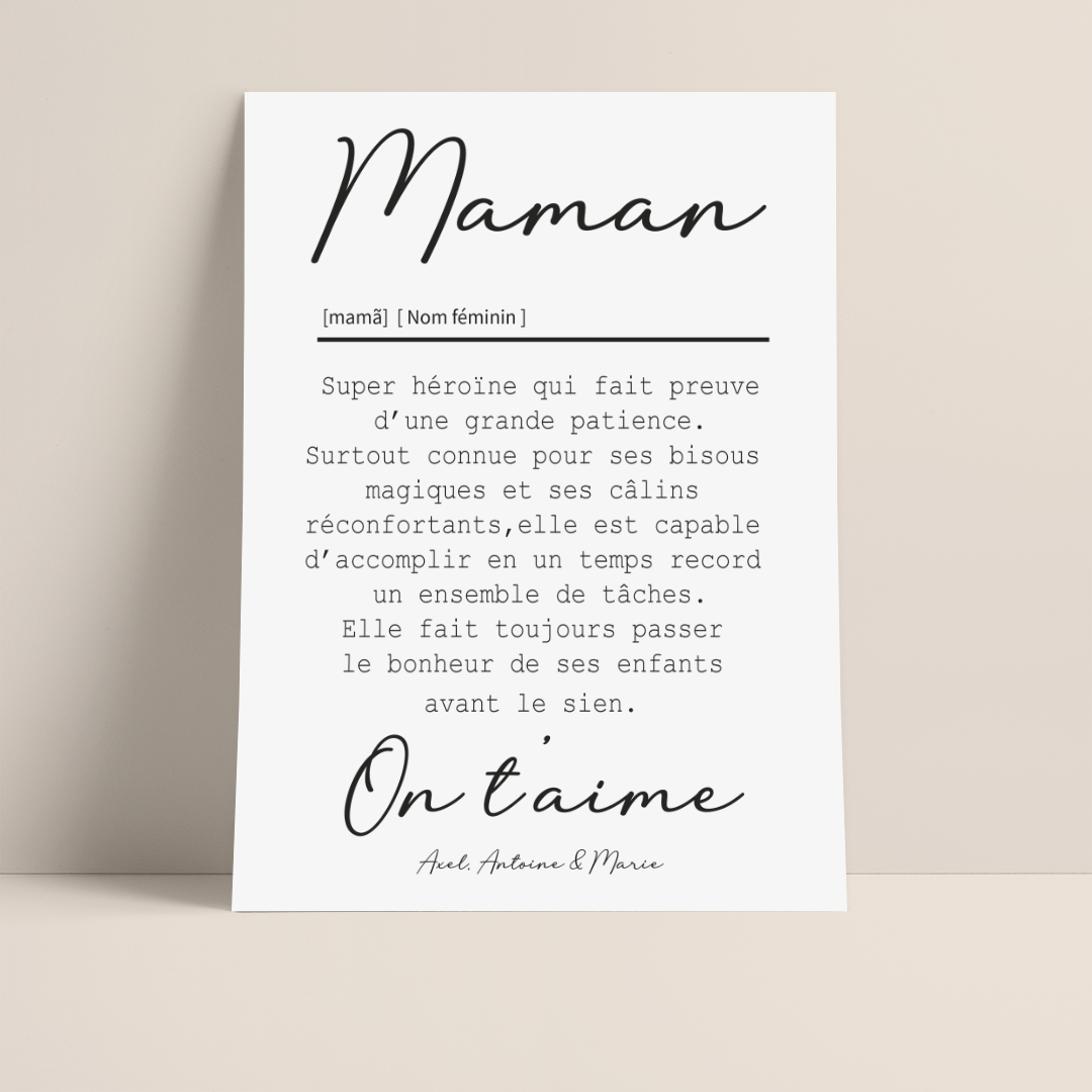 AFFICHE DEFINITION MAMAN avec ou sans touche métallisée ( Rose Gold ou Doré )