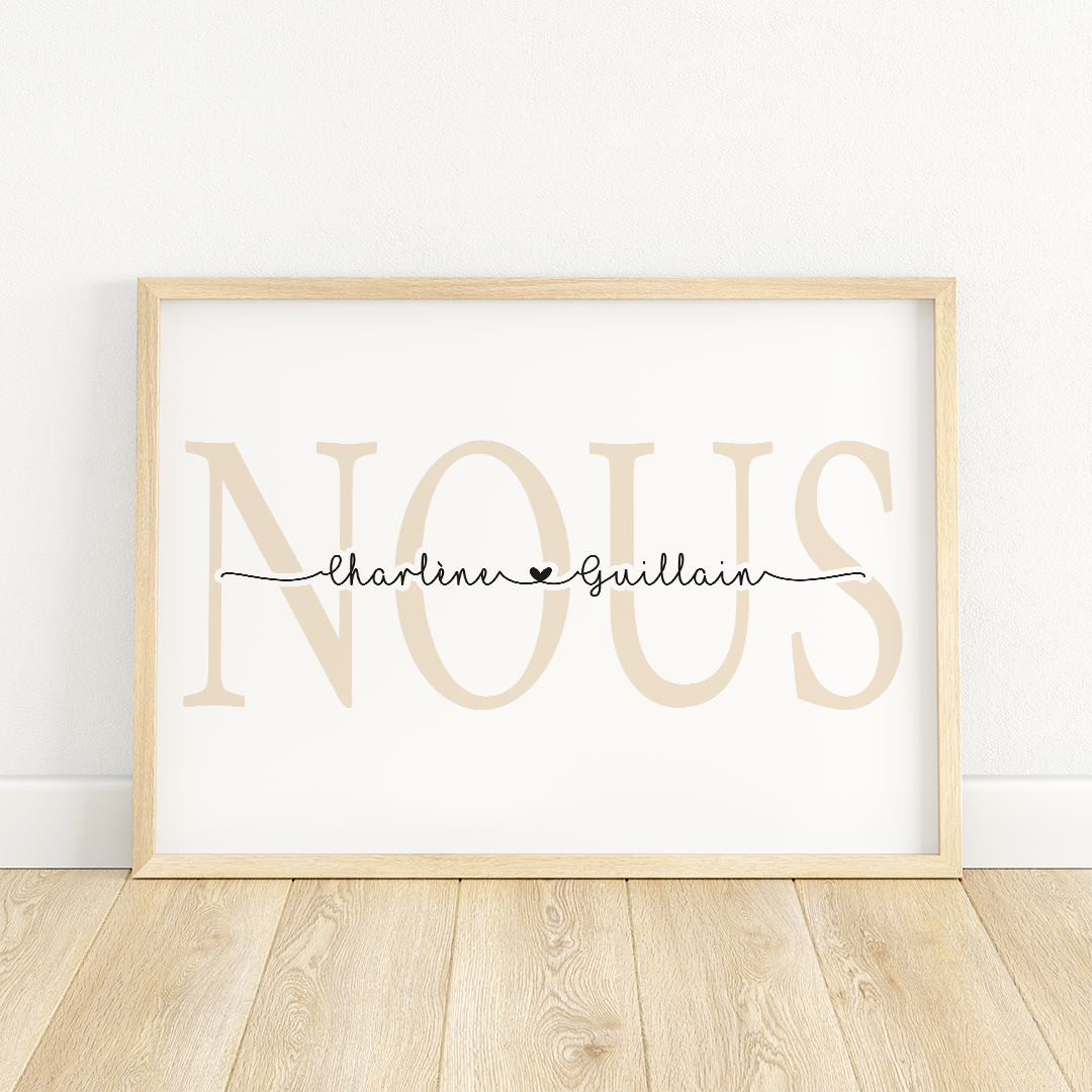Affiche couple personnalisée en papier glossy 350g sur laquelle un mot en arrière plan apparait en majuscule et les prénoms au centre écrit en scripte et reliés par des coeurs. Dans cette exemple le mot arrière plan est NOUS et au centre les deux prénoms Charlène et Guillain reliés par un coeur.