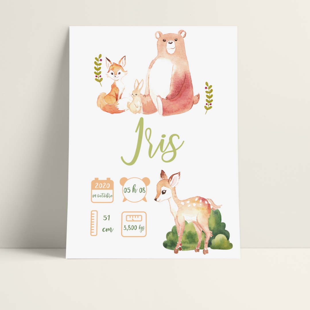 AFFICHE NAISSANCE ANIMAUX DE LA FORÊT