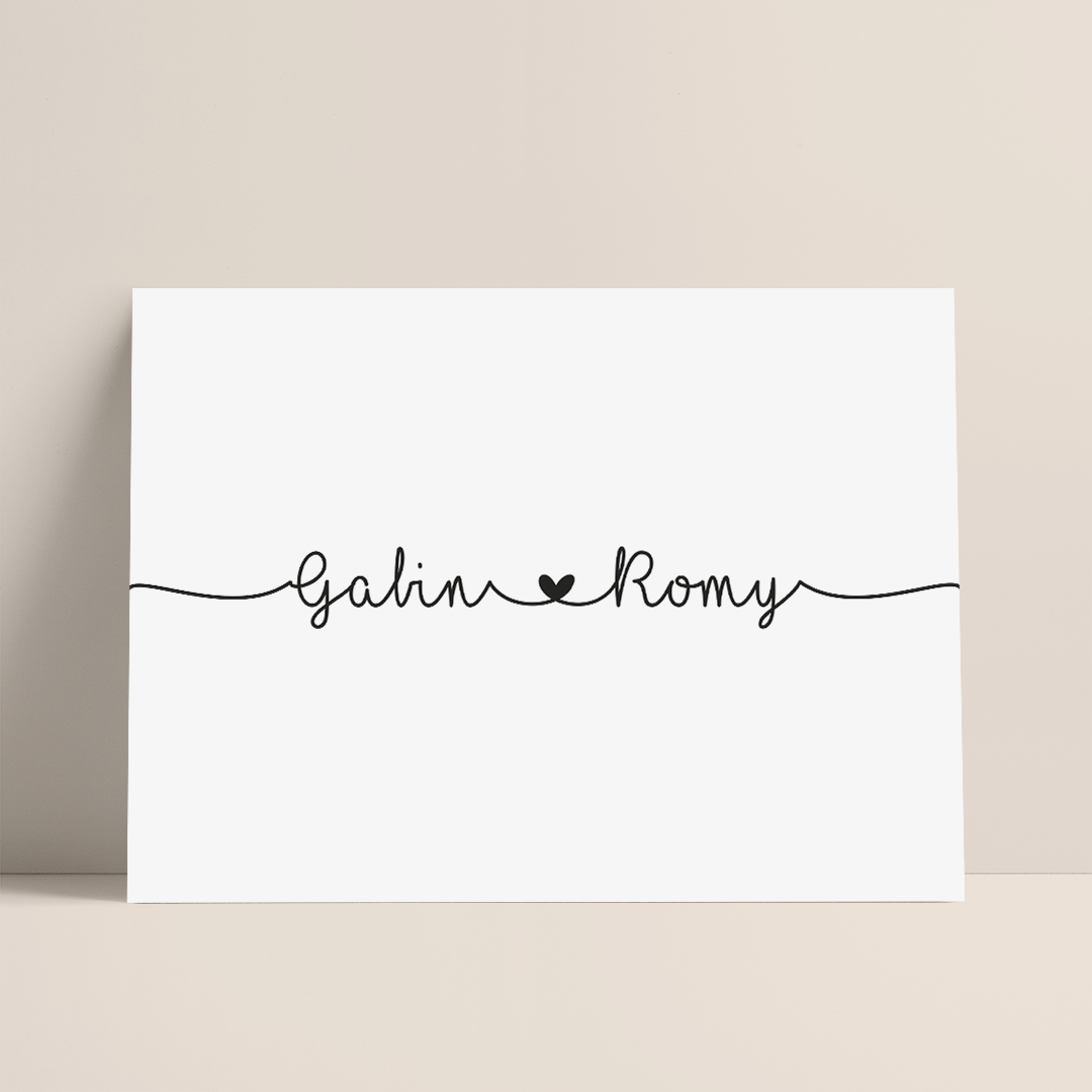 detail affiche personnalisee prenoms calligraphie coeur minimaliste noir et blanc