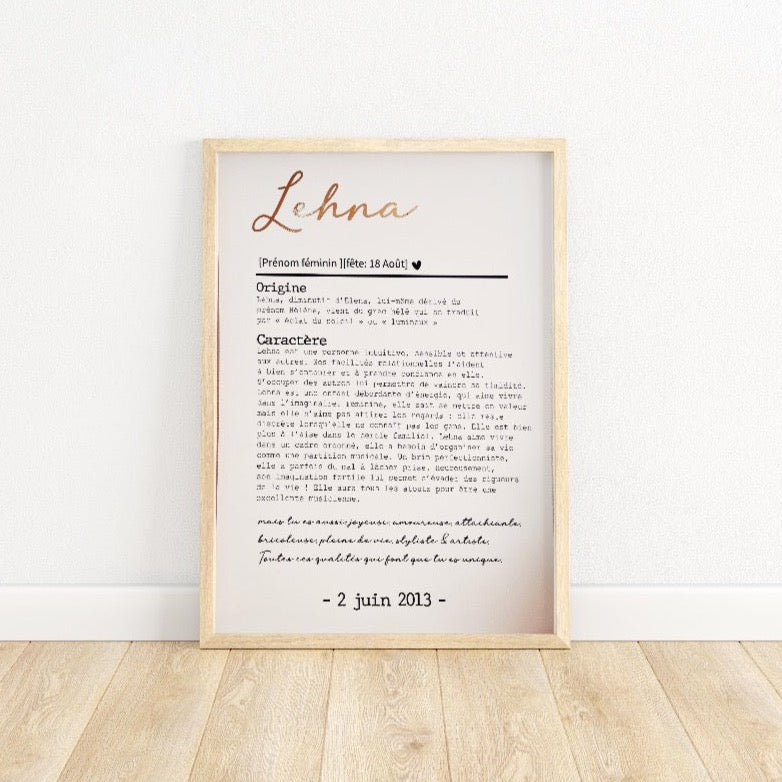 AFFICHE SIGNIFICATION PRENOM avec ou sans touche métallisée ( Rose Gold ou Doré )