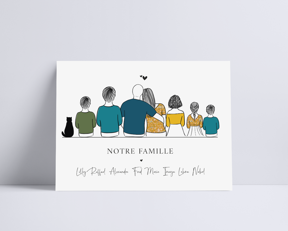 Affiche personnalisée représentant une famille de dos composée de huit membre. De gauche à droite un chat, deux petits garçons, un couple enlacé, deux petites filles et un garçon. En dessous les mots notre famille en majuscule et encore en dessous les prénoms de chaque personnes en écriture scripte.