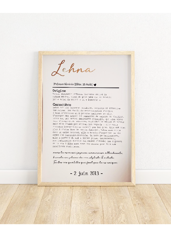 AFFICHE SIGNIFICATION PRENOM avec ou sans touche métallisée ( Rose Gold ou Doré )