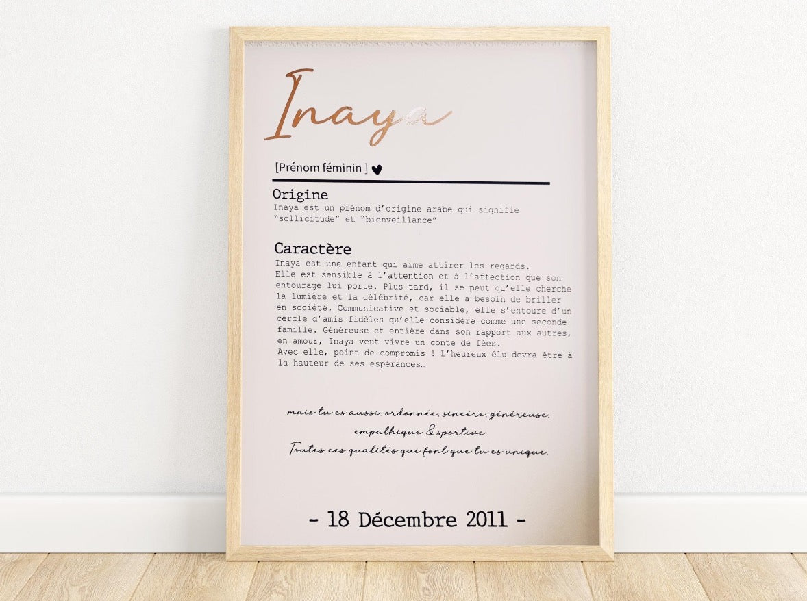 Affiche cadeau signification prénom définition qualité enfant adulte maman papa noel