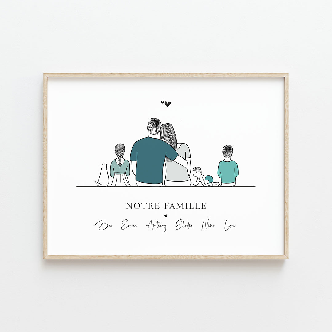 affiche portrait famille personnalisable 12 personnes minimaliste dessin trait