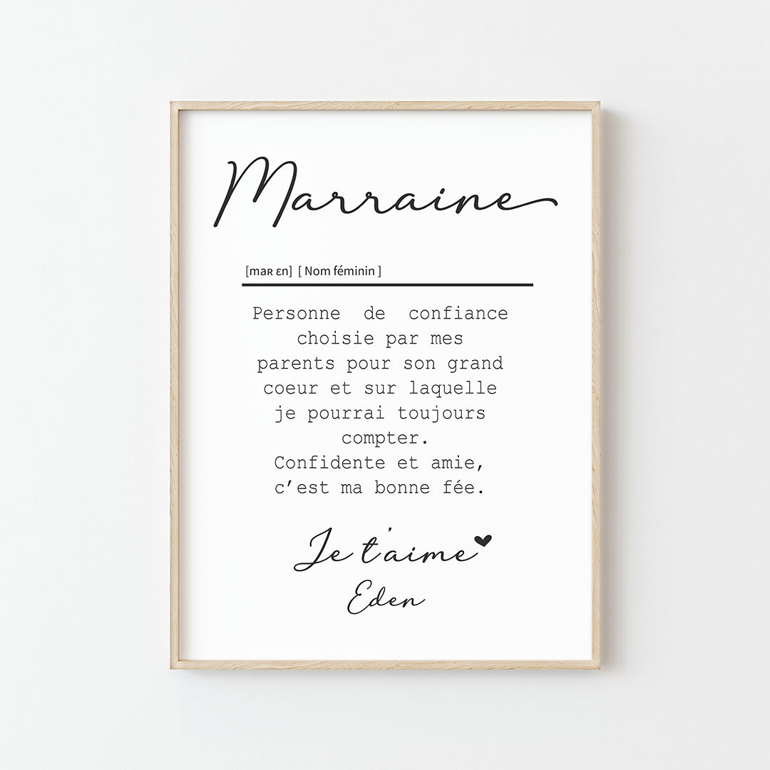 affiche definition marraine personnalisable noir blanc cadre bois naturel