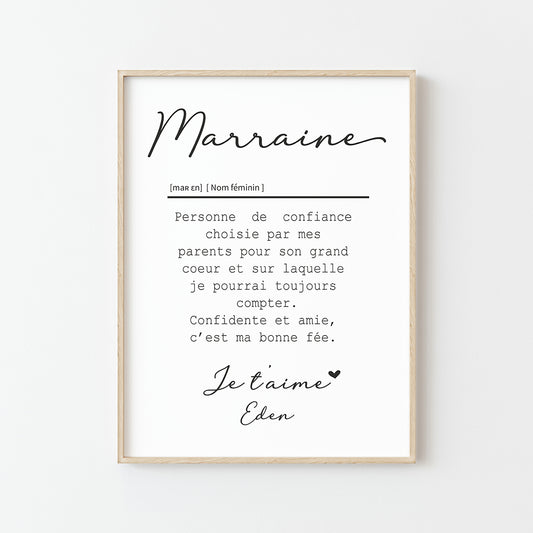 affiche definition marraine personnalisable noir blanc cadre bois naturel