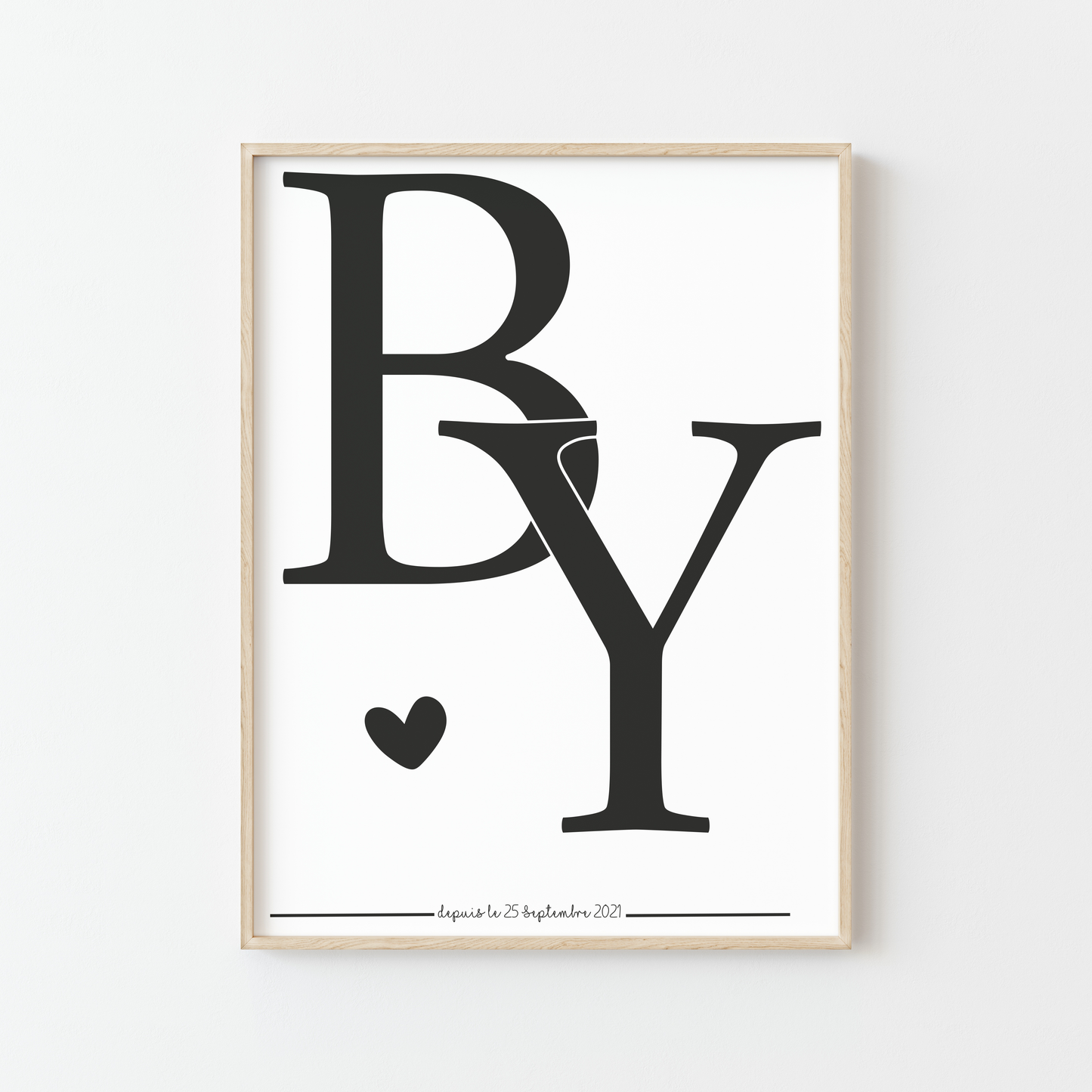 affiche personnalisable initiales couple date cadeau amour elegant noir blanc