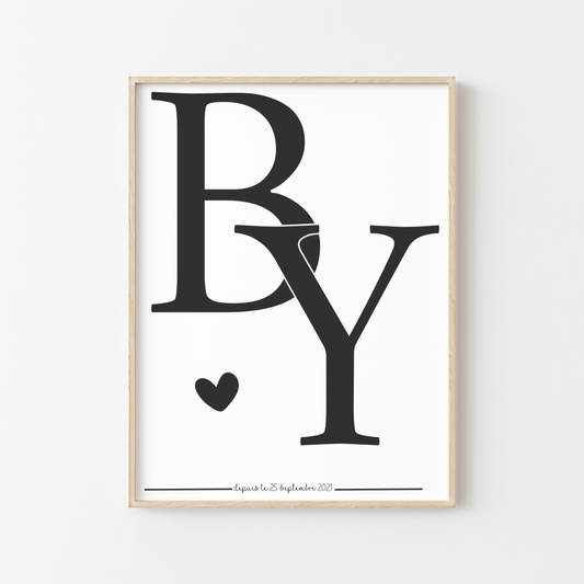 affiche personnalisable initiales couple date cadeau amour elegant noir blanc