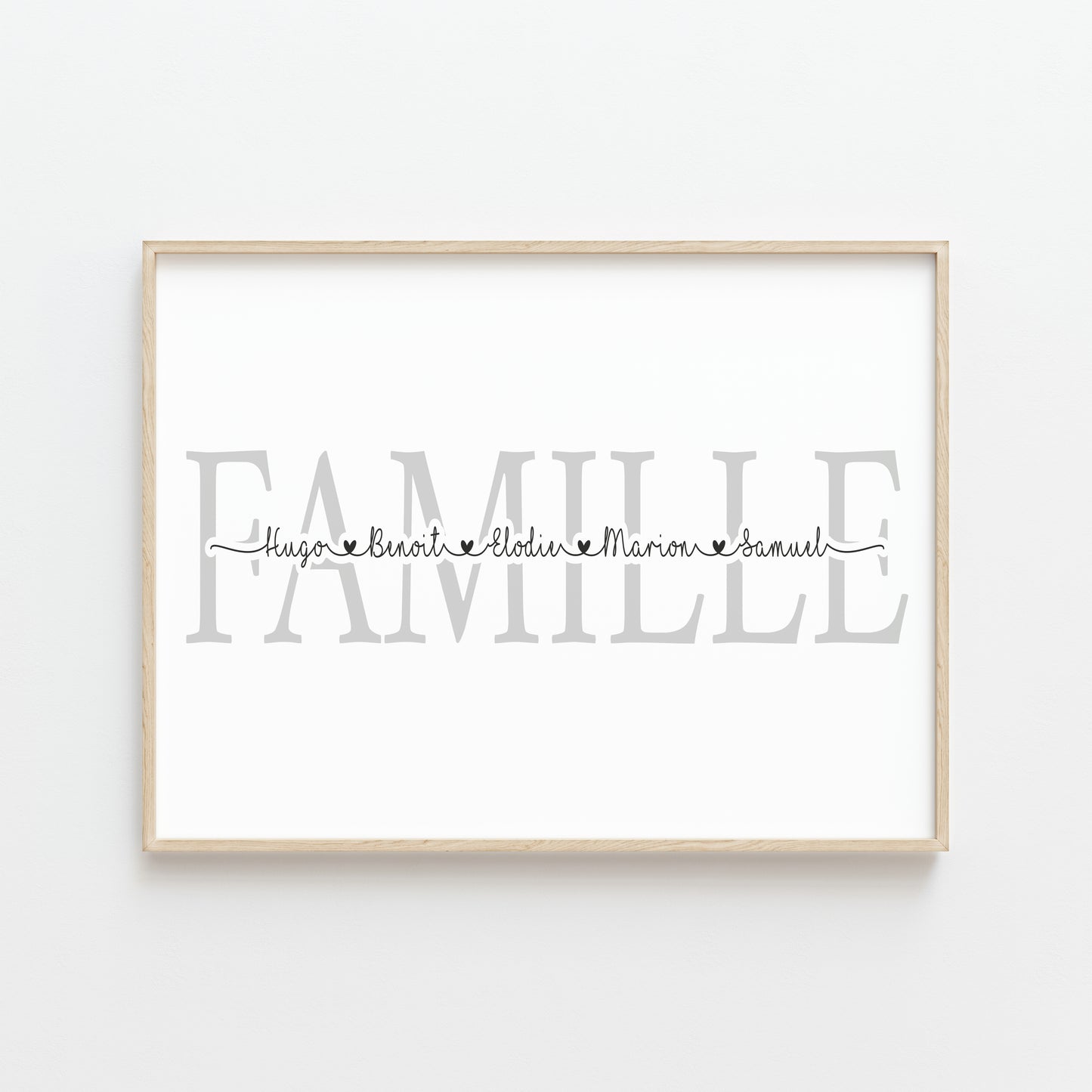 affiche personnalisée famille prénoms typographie minimaliste cadre bois