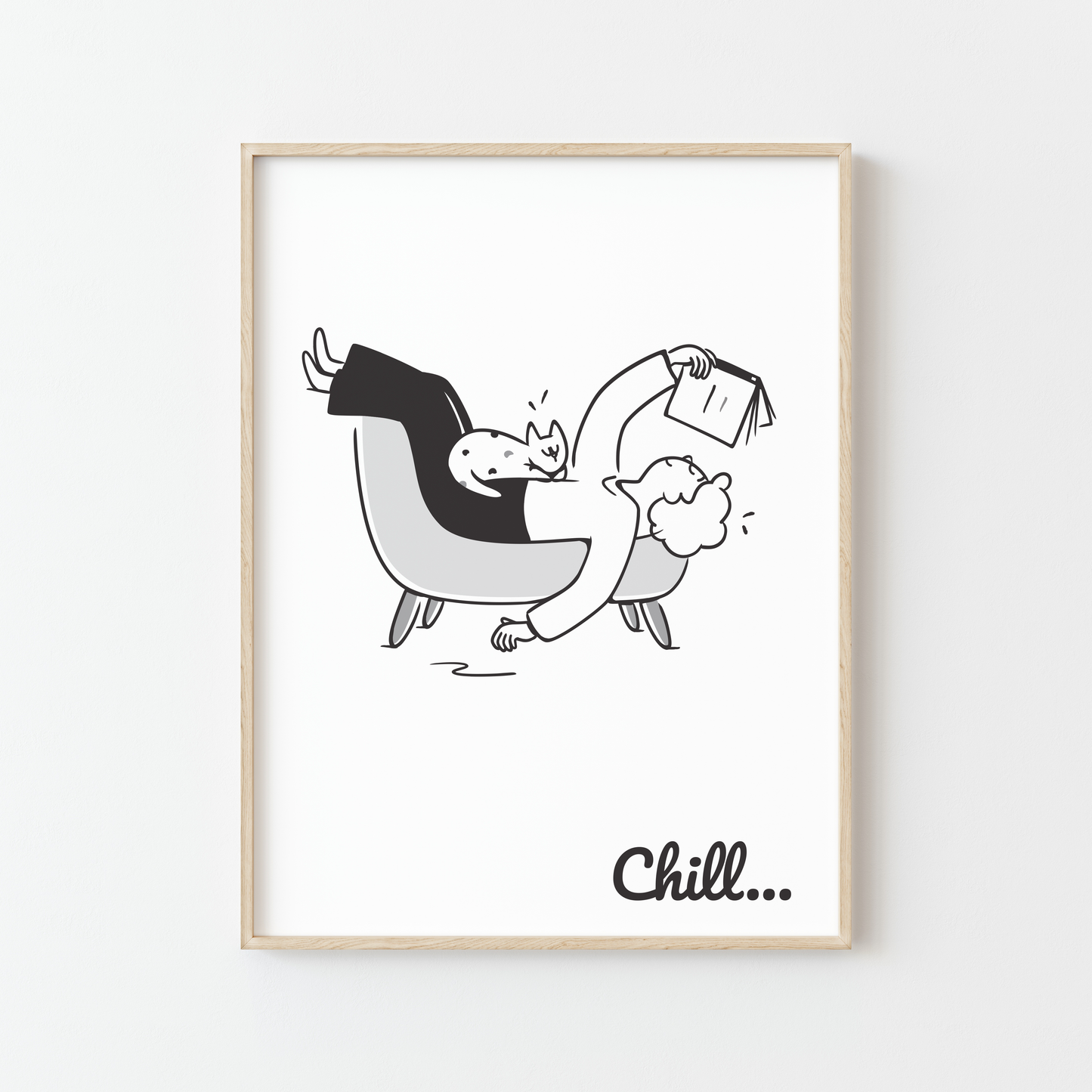 Affiche minimaliste “Chill…” chat lecteur en fauteuil noir et blanc