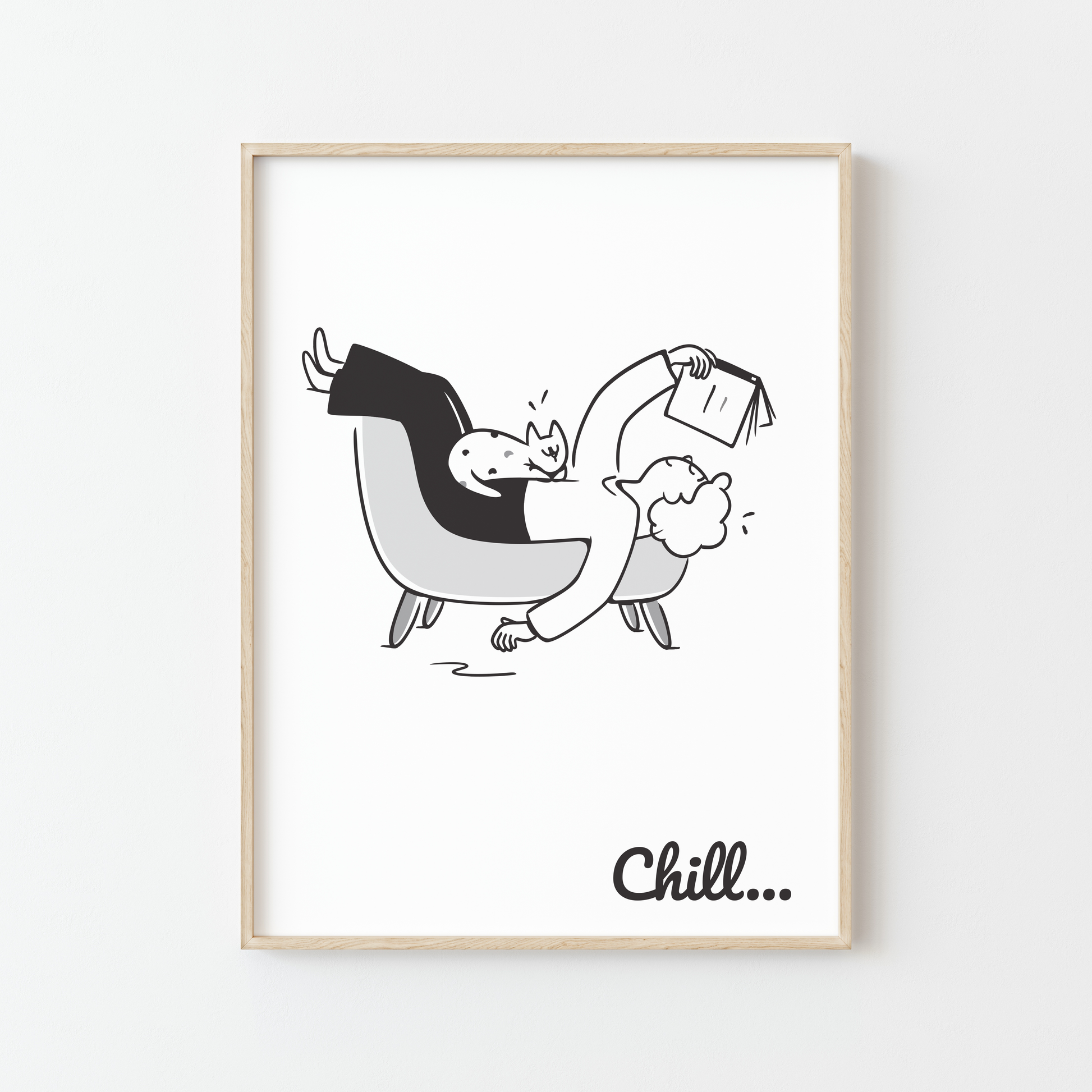 Affiche minimaliste “Chill…” chat lecteur en fauteuil noir et blanc