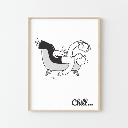 Affiche minimaliste “Chill…” chat lecteur en fauteuil noir et blanc