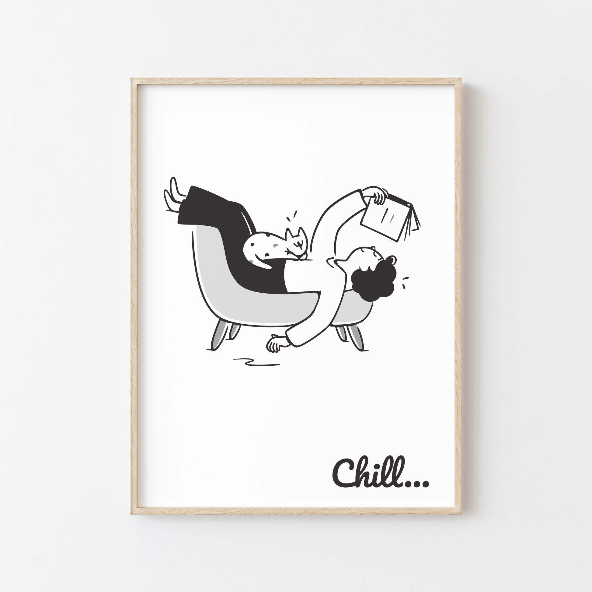 Affiche minimaliste “Chill…” chat lecteur en fauteuil noir et blanc