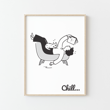 Affiche minimaliste “Chill…” chat lecteur en fauteuil noir et blanc
