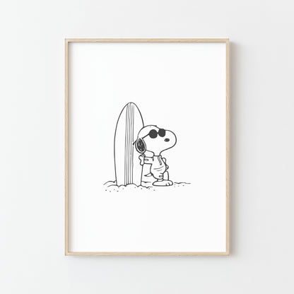 Affiche de Snoopy Surfeur en Noir & Blanc