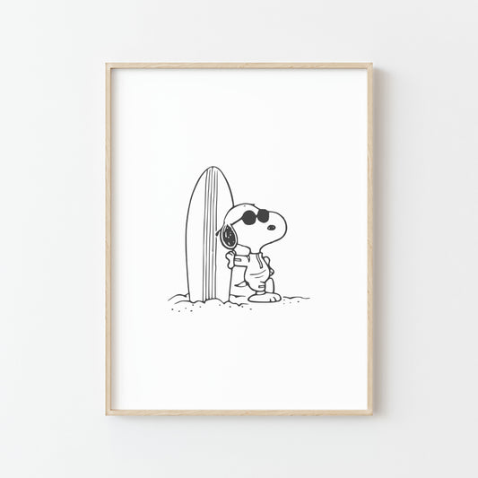 Affiche de Snoopy Surfeur en Noir & Blanc