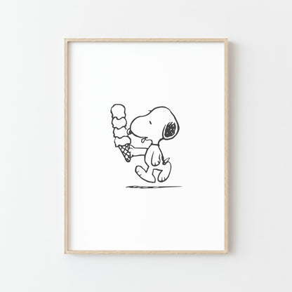 Affiche Snoopy mangeant de la glace - Noir & Blanc