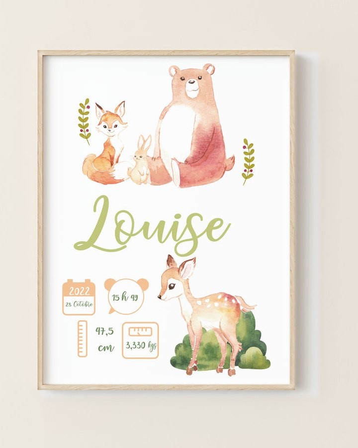 AFFICHE NAISSANCE ANIMAUX DE LA FORÊT