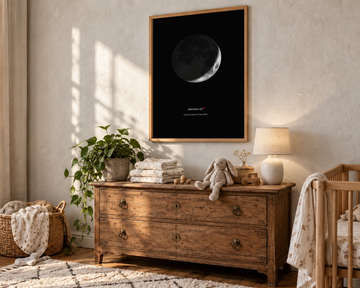 Affiche Lune « Bienvenue Léa » encadrée dans une chambre de bébé