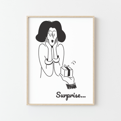 affiche minimaliste femme surprise cadeau noir blanc illustration