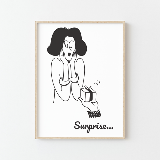 affiche minimaliste femme surprise cadeau noir blanc illustration