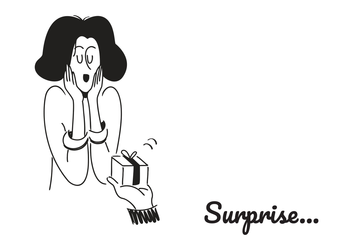 detail illustration femme recevant cadeau expression surprise noir blanc