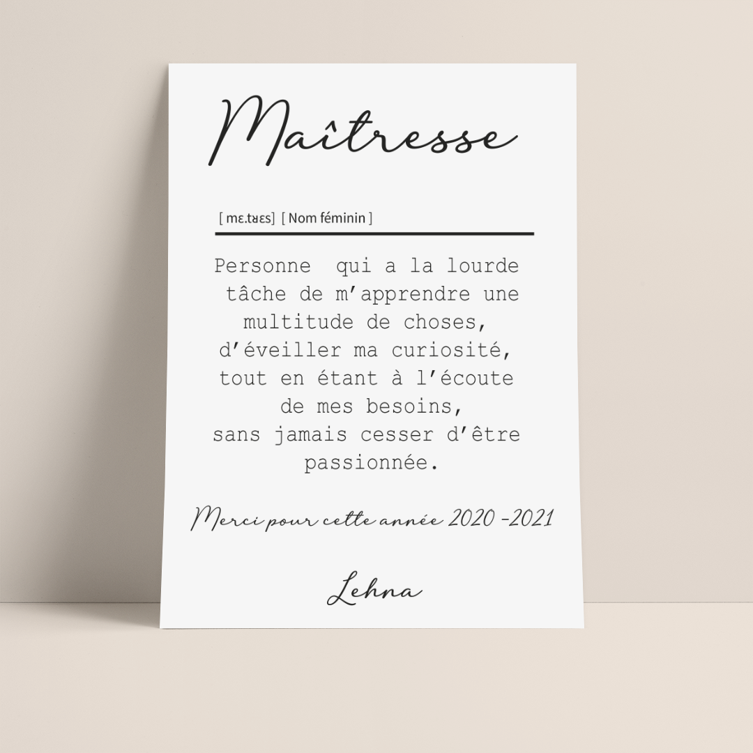 AFFICHE DEFINITION MAÎTRESSE avec ou sans touche métallisée ( Rose Gold ou Doré )