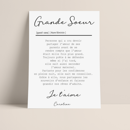 AFFICHE DEFINITION GRANDE SOEUR avec ou sans touche métallisée ( Rose Gold ou Doré)