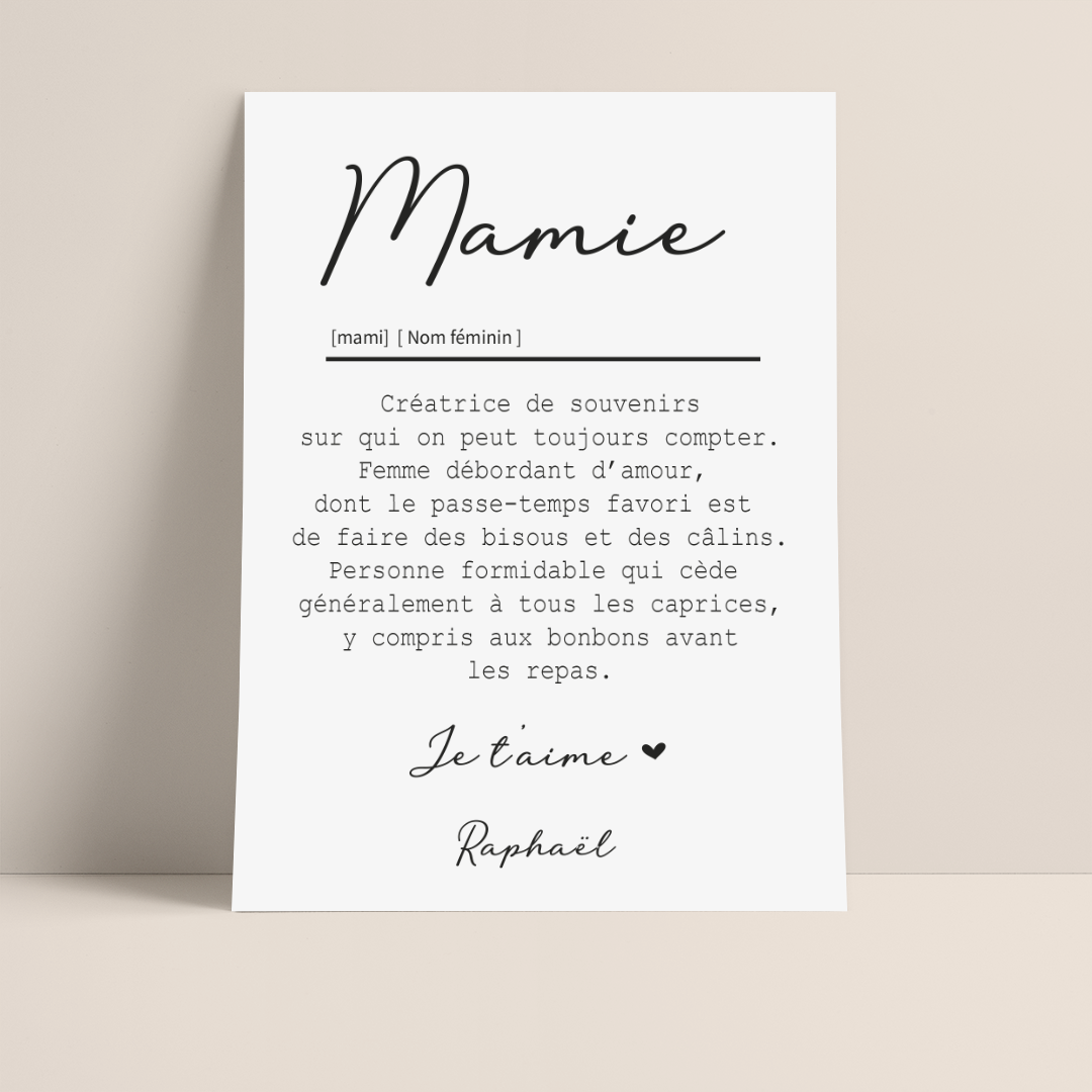 AFFICHE DEFINITION MAMIE avec ou sans touche métallisée ( Rose Gold ou Doré)