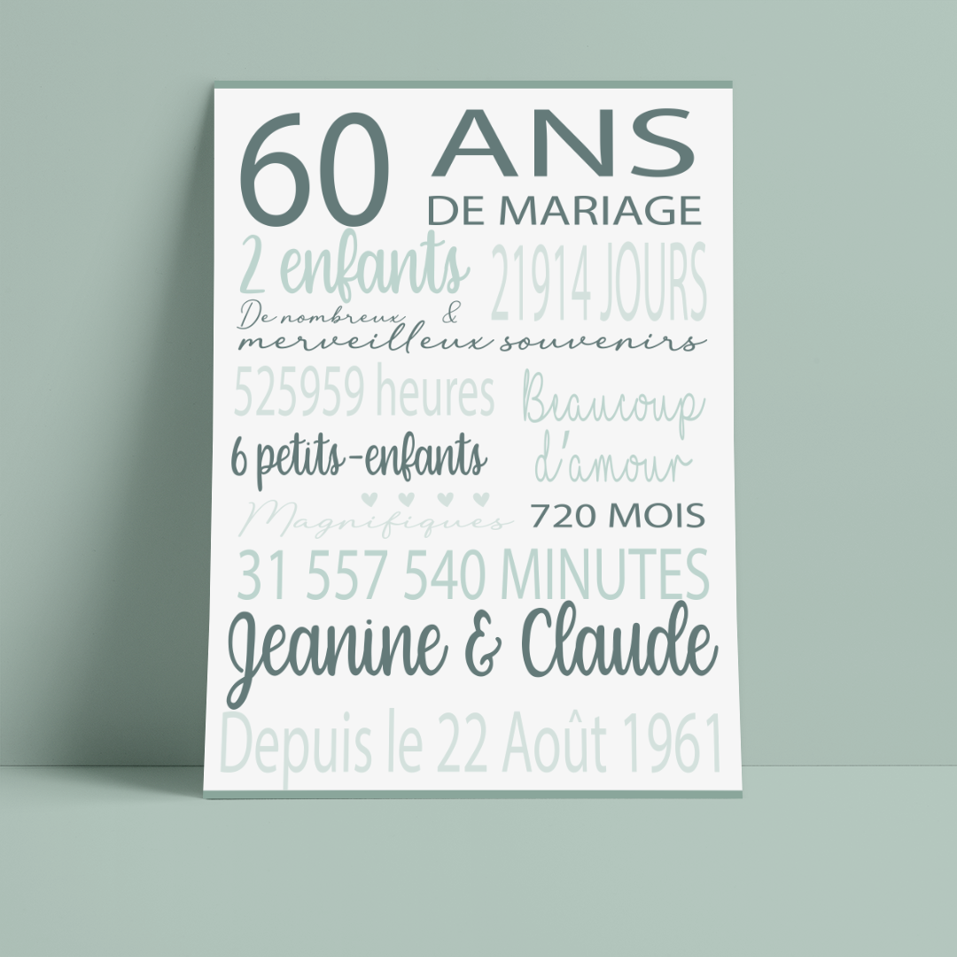 Affiche personnalisée pour couple pour un anniversaire de mariage ou de rencontre. L'affiche comporte exclusivement du texte et le temps est représentée par des mois, des jours, des heures, des minutes. Sur cette affiche personnalisée on trouve dans la plus grande police en haute de page 60 ans de mariage et en dessous 21914 jours. On peut également ajouter le nombre d'enfants, de petits enfants, et en bas de page les prénoms du couple et la date de rencontre. Le ton de l'affiche est un dégradé de vert.