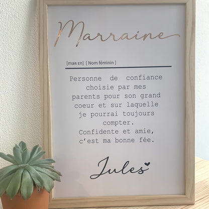 AFFICHE DEFINITION MARRAINE avec ou sans touche métallisée ( Rose Gold ou Doré )