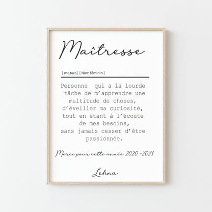 AFFICHE DEFINITION MAÎTRESSE avec ou sans touche métallisée ( Rose Gold ou Doré )