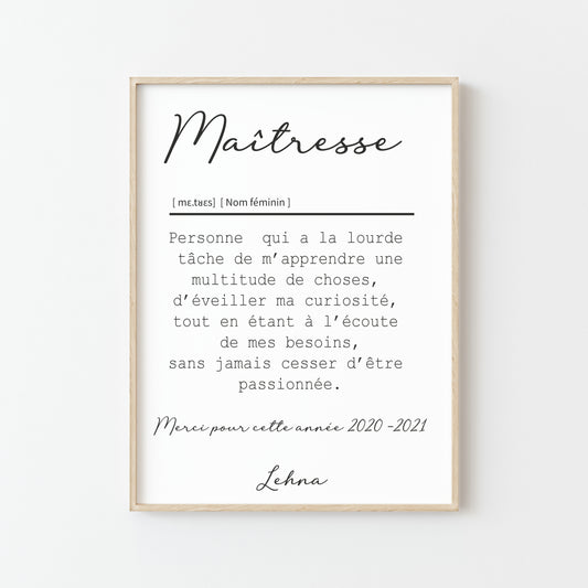 AFFICHE DEFINITION MAÎTRESSE avec ou sans touche métallisée ( Rose Gold ou Doré )