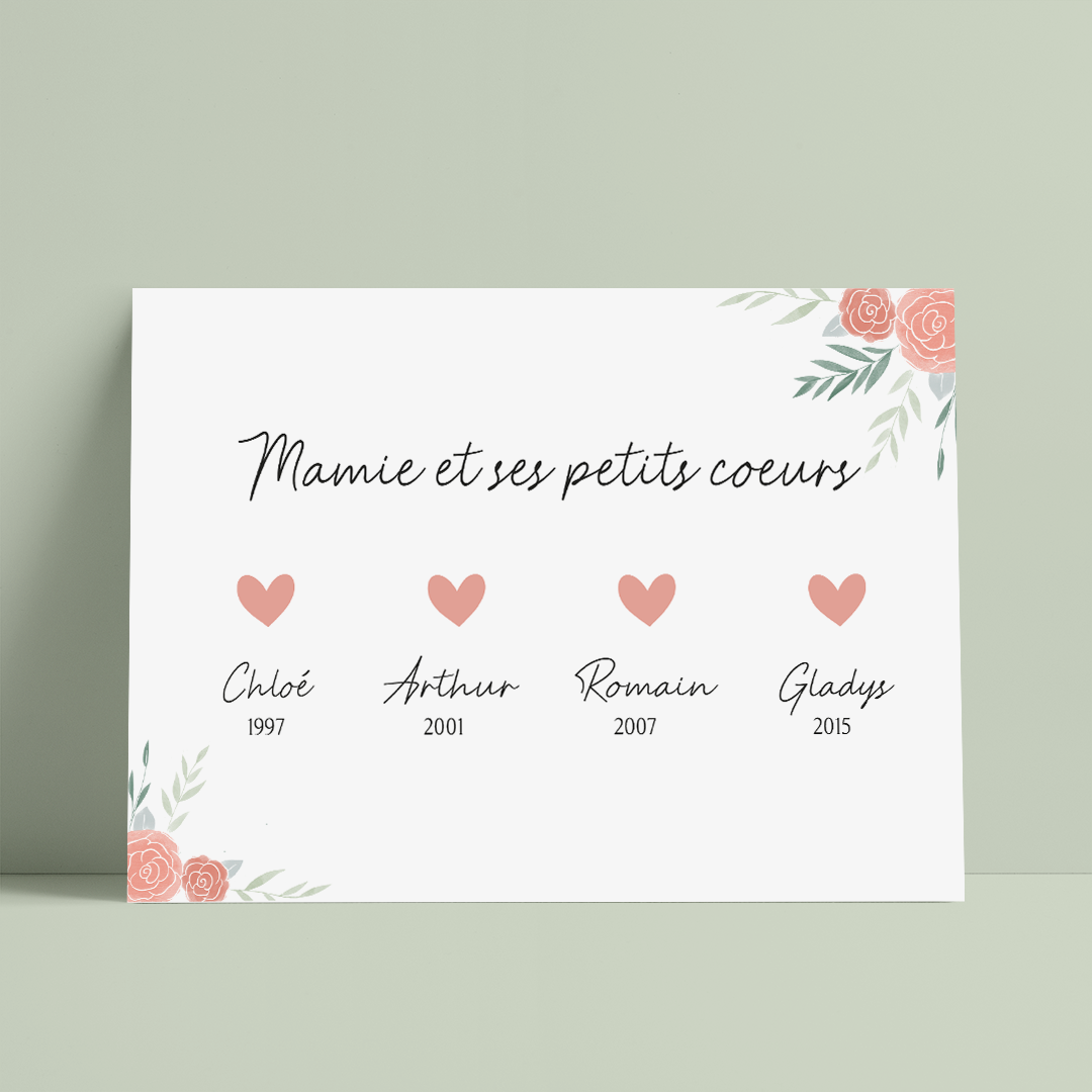 Photo d'une affiche de décoration personnalisables spécialement conçue pour la fête des grands mère. On peut y voir un titre "Mamie et ses petits coeurs" au dessus de 4 coeurs rose. En dessous de chaque coeur se trouve un prénom et une année qui correspond aux prénoms et années de naissance des petits enfants..