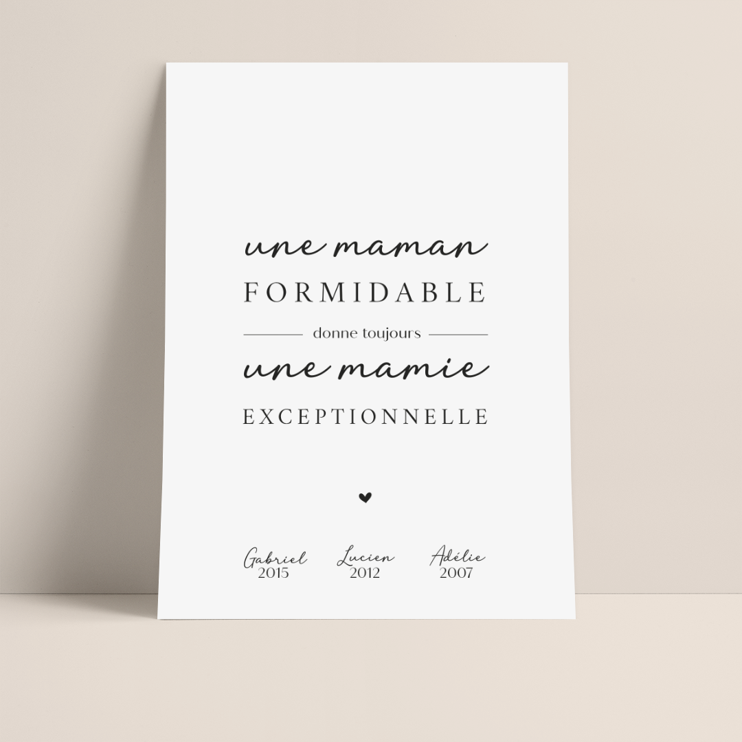 AFFICHE PERSONNALISEE "UNE MAMAN FORMIDABLE DONNE TOUJOURS UNE MAMIE EXCEPTIONNELLE"